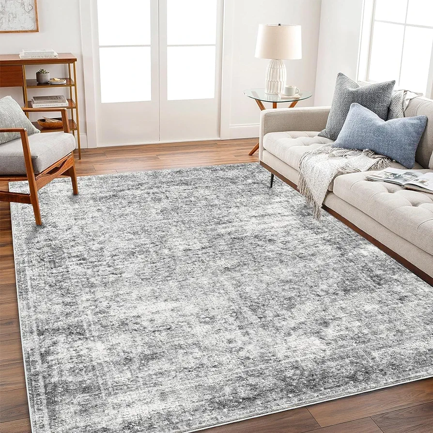 Area Rug 4x6 Washable Rug Gray Vintage Rug Traditional Floor Cover Foldable Thin Rug Retro Accent Rug Indoor Distressed Non Slip Carpet Floral Print Mat Bedroom Living Room Bathroom