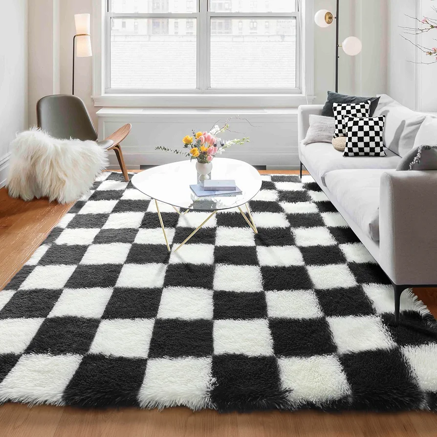 5x8 Area Rug for Living Room, Black and White Fluffy Shag Fuzzy Plush Soft Checkered Rugs for Bedroom, Big Large Shaggy Rug Floor Carpets for Kids Teen Dorm Home Decor Aesthetic, Boys Room