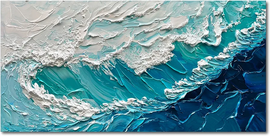 NANKAI 24x48 Inches Blue Thick Texture Abstract Oil Painting Hand-Painted Ocean Landscape Oil Painting Home Wall Art Deco Oil Painting