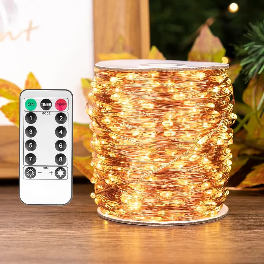 200FT Plug in Fairy Lights with Remote Warm White 600 LED Copper Wire LED String Lights for Bedroom Living Room Patio Porch Garden Christmas Tree