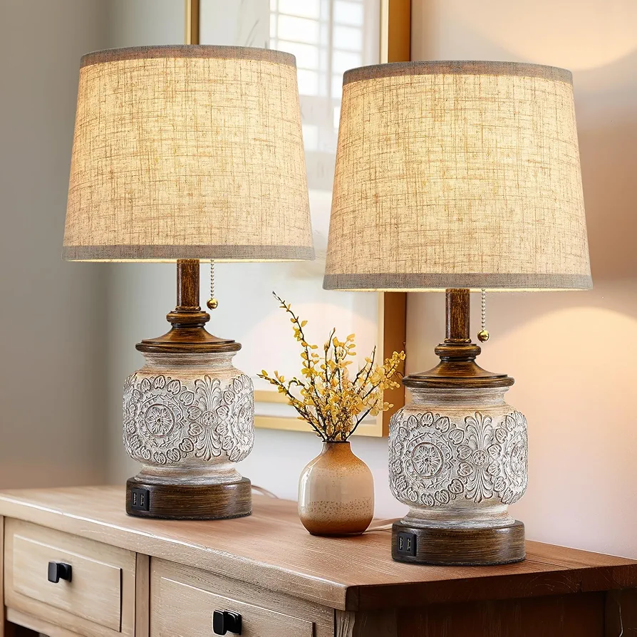 19.5" Farmhouse Bedside Table Lamps Set of 2 Rustic Lamps for Nightstand Bedroom with USB Ports Vintage Traditional White Carved Floral Night Light Lamps for Living Room End Tables Decor