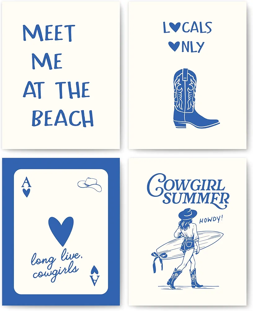 okaxscm Coastal Cowgirl Room Decor Aesthetic, Coastal Cowgirl Wall Art Prints Set of 4, Coastal Granddaughter Room Decor, Navy Preppy Beach Surf Poster for Teen Girls Bedroom Dorm, 8x10 Unframed