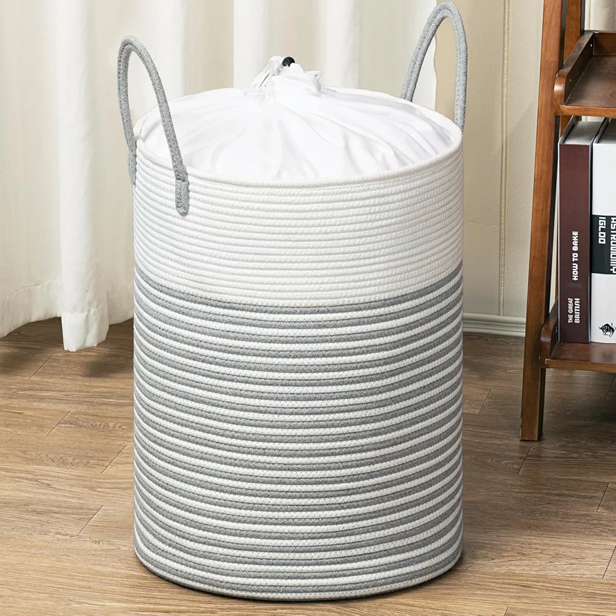 Goodpick Nursery Hamper, 60L Dirty Clothes Hamper for Toys, Blankets, Small Laundry Basket for Living Room, Laundry Bin, 15 x 20 Inches, White&Grey