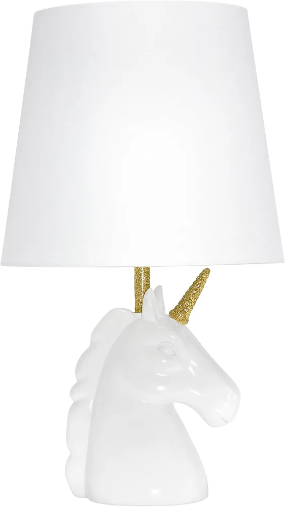 Simple Designs LT1078-GLD Sparkling Glitter Unicorn Table Lamp for Kids Room, Nursery, Living Room, Bedroom, Playroom, Foyer, Gold Glitter, Matte White