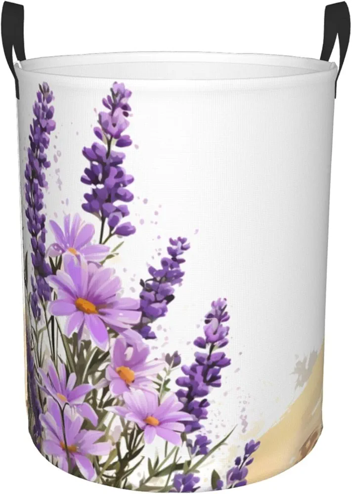 Laundry Baskets with Handles Waterproof Small inches Storage Basket, Collapsible Laundry Hampers, Laundry Room Organization & Apartment Essentials - Lavender Flower