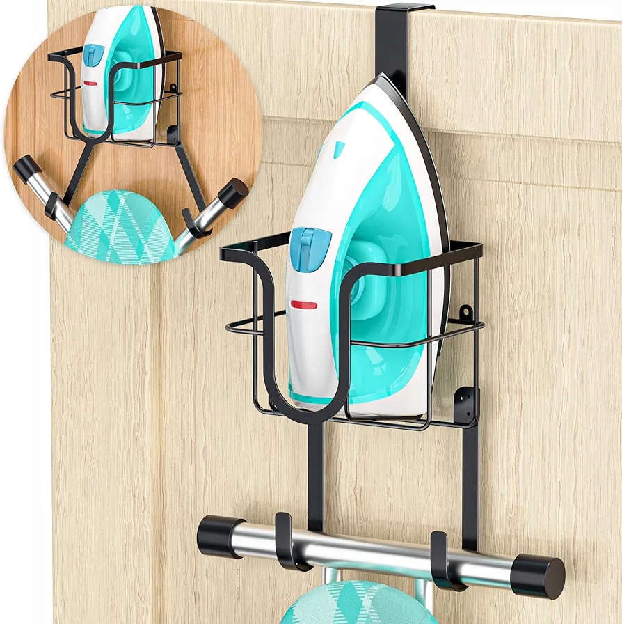 Ironing Board Hanger Wall Mount/Over The Door Ironing Board Holder, SUS304 Stainless Steel Laundry Room Foldable Iron and Ironing Caddy Board Storage with T & Y Shape Movable Hooks, Matte Black