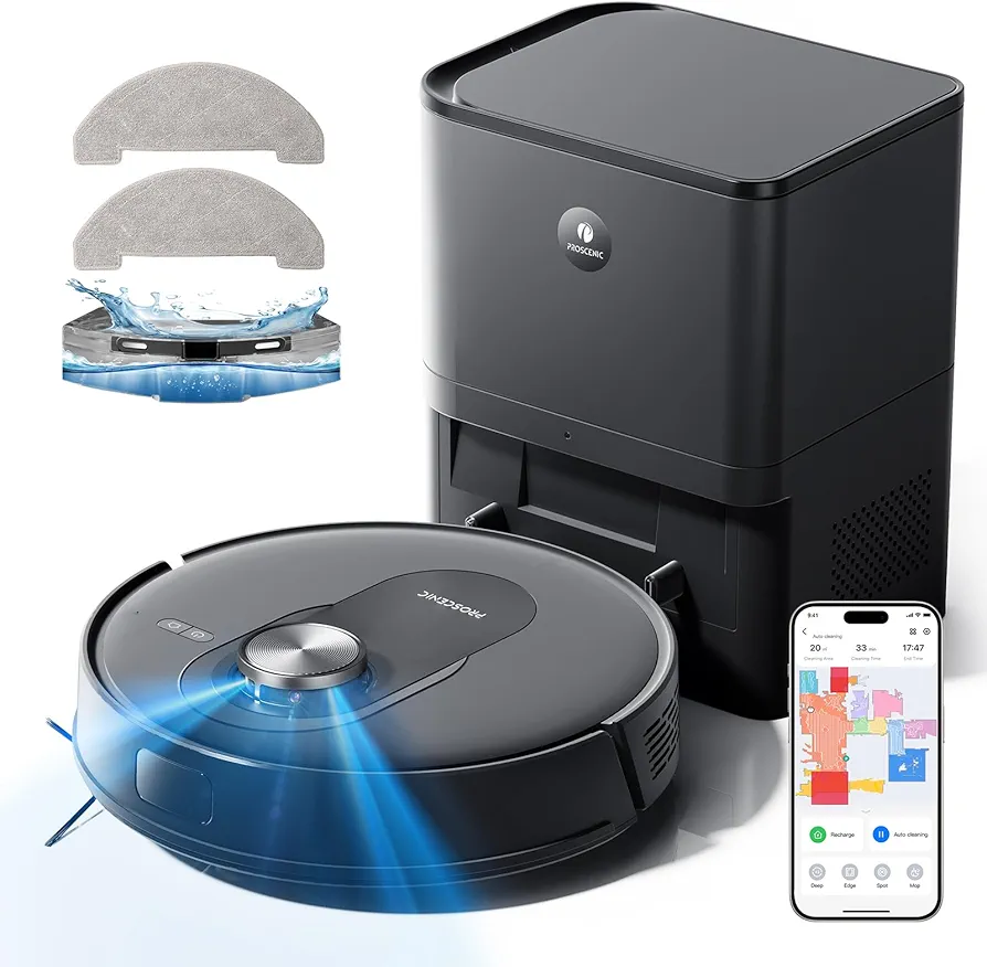 Proscenic Q8 Max Robot Vacuum and Mop Combo with Self Emptying Station 【4200 Pa, LiDAR Nav】 Mopping Robotic Vacuum Cleaner with 200 Min Run, Self-Charging, APP Control for Floor, Pet Hair, Carpet