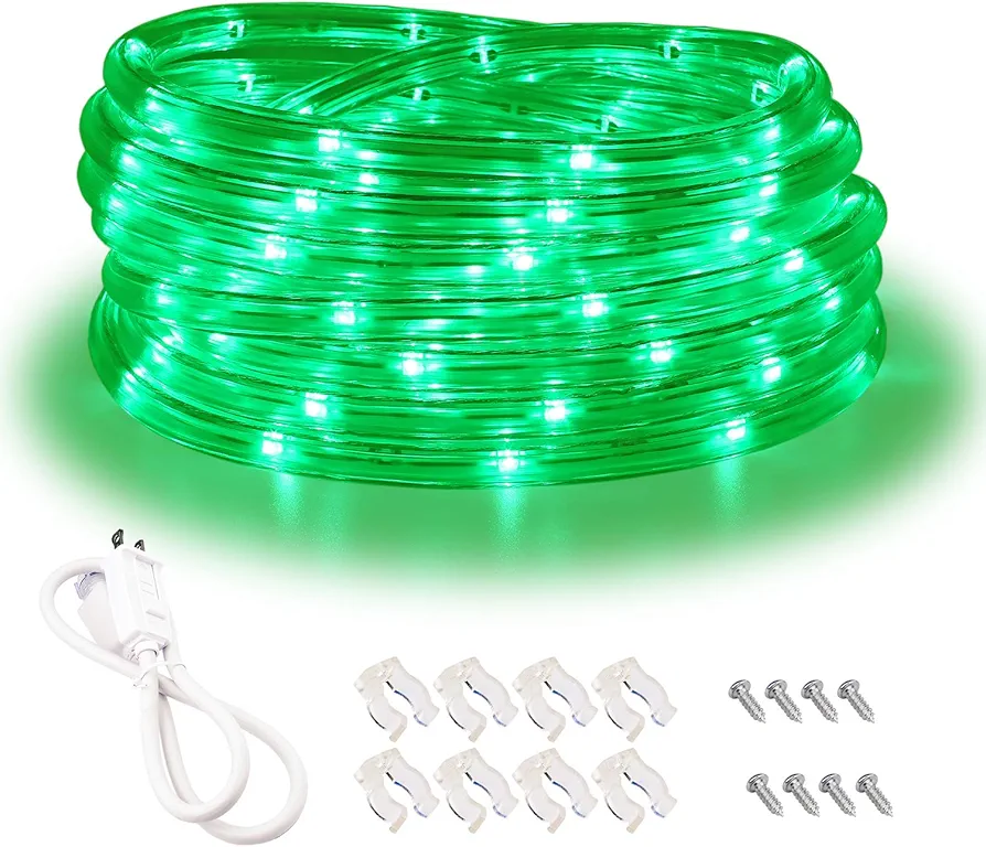 Green Rope Lights,16ft Waterproof, Connectable and Flexible LED Strip Lights with Advanced LEDs and Crystal-Clear Thick PVC Jacket, High Brightness, Great for Deck Pergola Handrail Bedroom