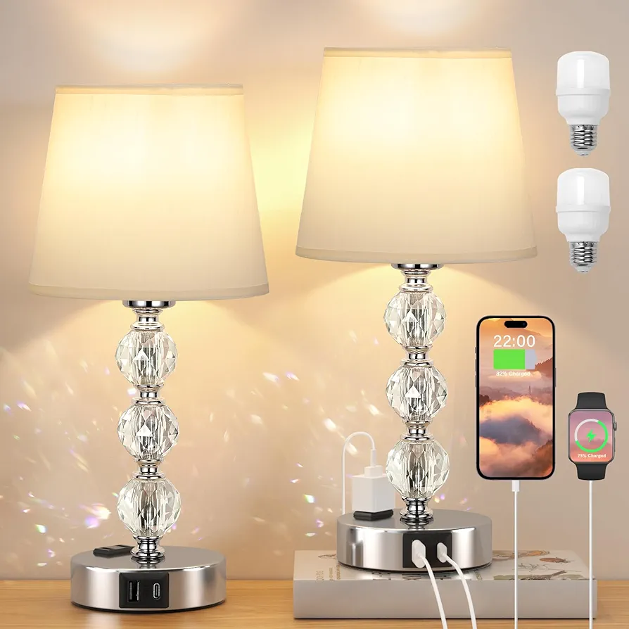 Acaxin Bedside Lamps for Bedrooms Set of 2 Nightstand- Crystal Table Lamps with USB C+A Ports & AC Outlet for Charging, 3 Way Dimmable Touch Silver Small Bed Side Lamp for Living Room/Guest Room