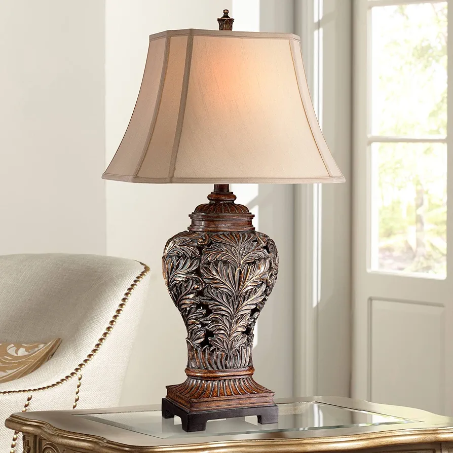 Barnes and Ivy Leafwork Vase 32 1/2" Tall Large Traditional End Table Lamp Brown Wood Finish Single Tan Rectangular Shade Living Room Bedroom Bedside Nightstand House Office Home Reading Kitchen