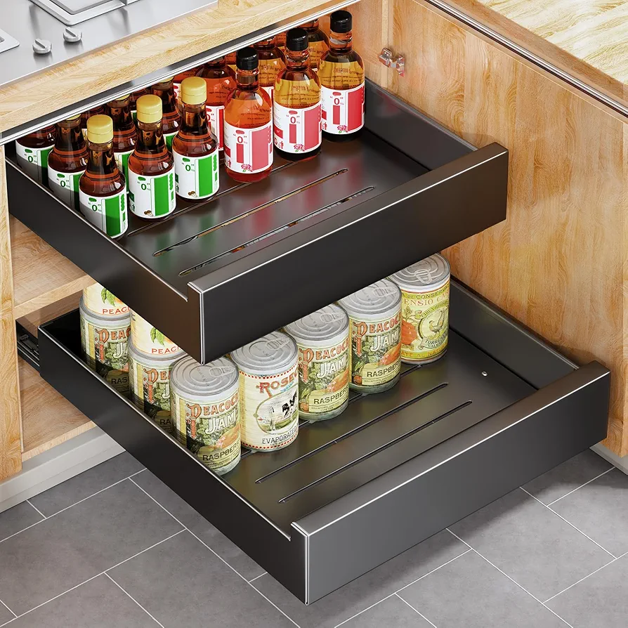 Pull Out Cabinet Organizer Fixed With Adhesive Nano Film,Heavy Duty Storage and Organization Slide Out Pantry Shelves Sliding Drawer Pantry Shelf for Kitchen,Living Room 9.8"W x 16.9"D x3.1"H(1PC)