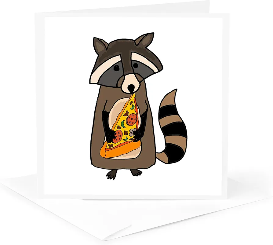 Greeting Card - Funny Cute Raccoon Eating Pizza Slice - Animals