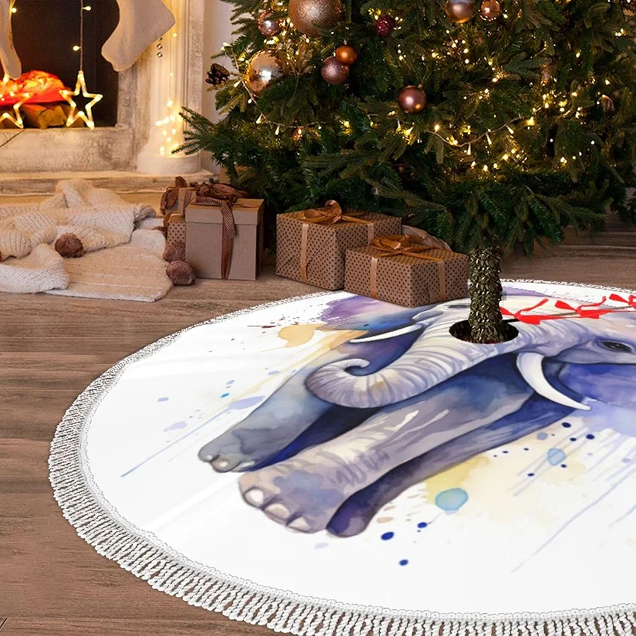 Christmas Tree Skirt with Tassel Cute Elephant Watercolor 30" Xmas Tree Skirts Tassel Tree Mat Ornament for Home Indoor Outdoor Room Holiday Decoration