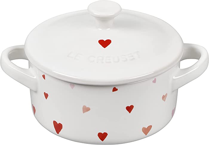 Le Creuset L'Amour Stoneware Mini Round Cocotte, 8 Ounce, White with Heart Applique