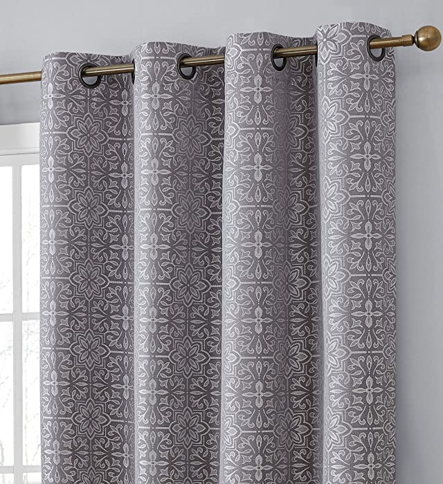 HLC.ME Mia Moroccan Tile 100% Complete Blackout Heavy Thermal Insulated Energy Savings Heat/Cold Blocking Grommet Heavy Curtain Drapery Panels for Bedroom & Dining Room, 2 Panels (52 W x 84 L, Grey)