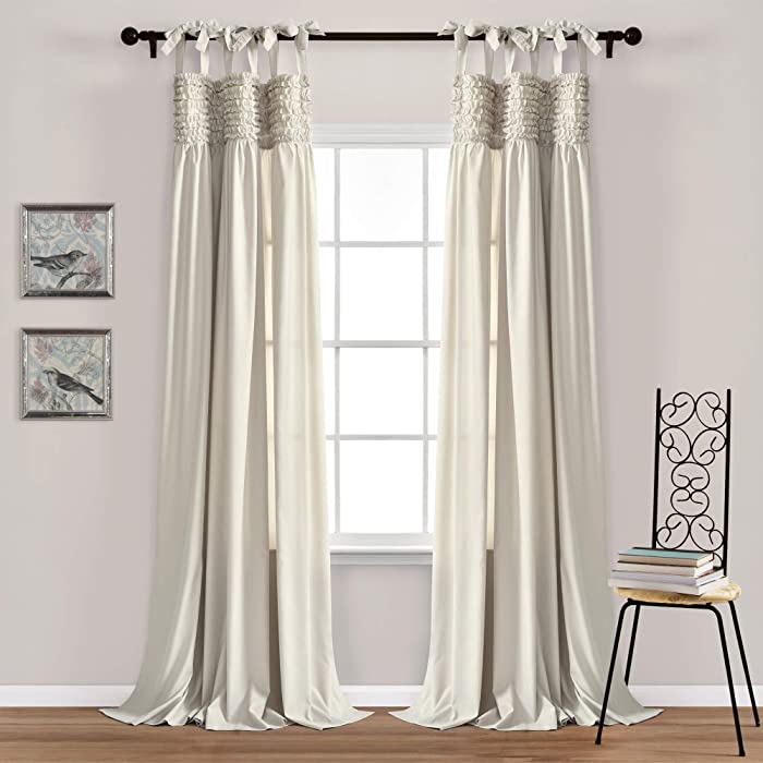 Lush Decor, Neutral Lydia Curtains Ruffle Window Panel Set for Living, Dining, Bedroom (Pair), 84” x 40 L