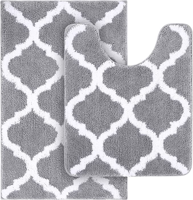 Olanly Bathroom Rugs Set 2 Piece Microfiber Bath Shower Mat and U-Shaped Toilet Rug, Machine Wash Dry, Non Slip Absorbent Shaggy Bath Rug for Tub, Shower and Bath Room (20" x 32"+20" x 24", Grey)