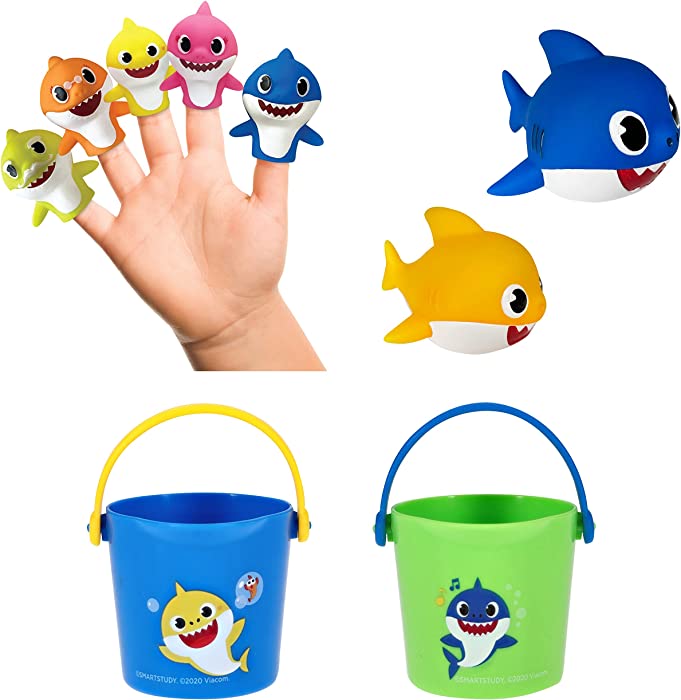 Nickelodeon Pink Fong Baby Shark Bath Toys Set for Children's Tub Time - Cups, Finger Puppets, and Bath Squirters, Blue/Green, 9 Pieces