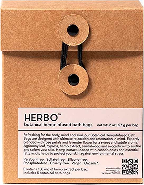 HERBO Botanical Bath Bags | Pure Body Relaxation 5-pack Relaxing and Restorative Great Home Spa Gift for Women Men whit Avocado oil lavender hemp Vegan Friendly organic 10oz, white