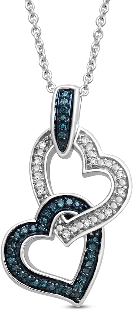 Jewelili Double Heart Necklace Pendant with Treated Blue and Natural White Round Diamonds in Sterling Silver 1/6 CTTW 18 inch Cable Chain