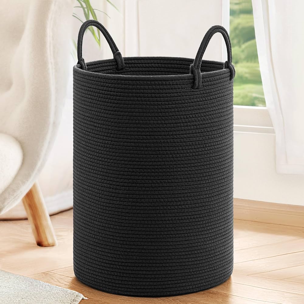 INDRESSME Woven Laundry Basket, Baby Nursery Hamper Bin Tall Storage Basket for Living Room, Kids Laundry Hamper for Clothes, Toys, Large Rope Basket for Blankets, Pillows, 19.7 x 13.8 inches, Black