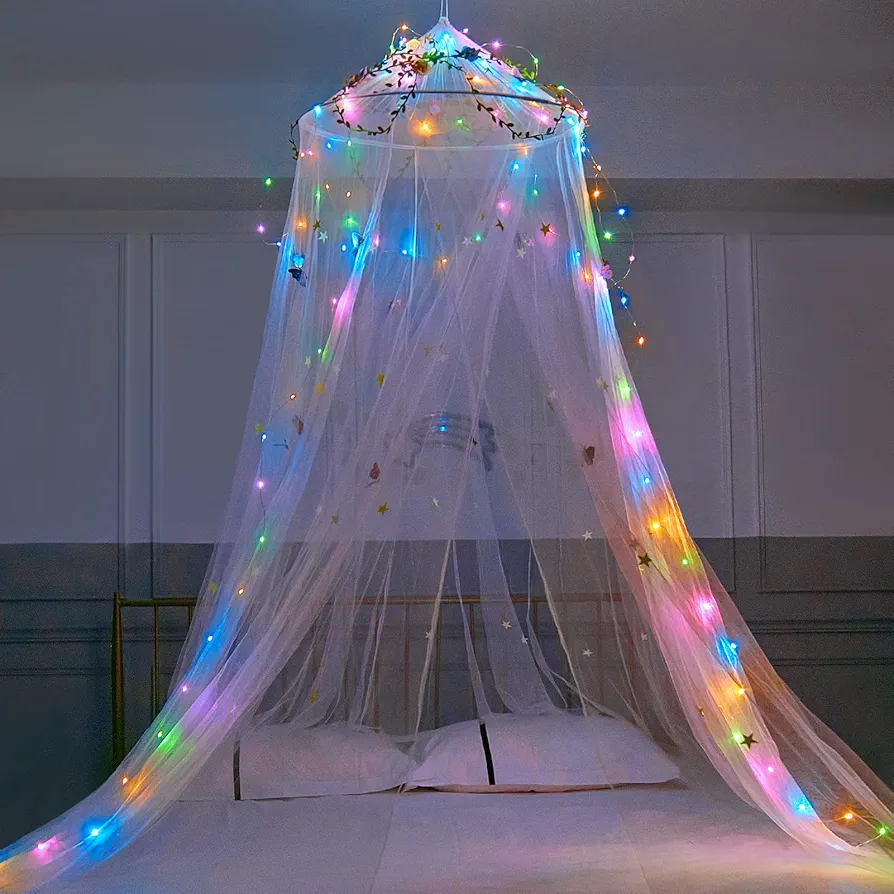 FIOBEE Bed Canopy for Girls Room Bed Canopy Curtains with Led Lights Mosquito Net DIY Princess Room Décor with Stars Butterflies for Kids Bedroom, White