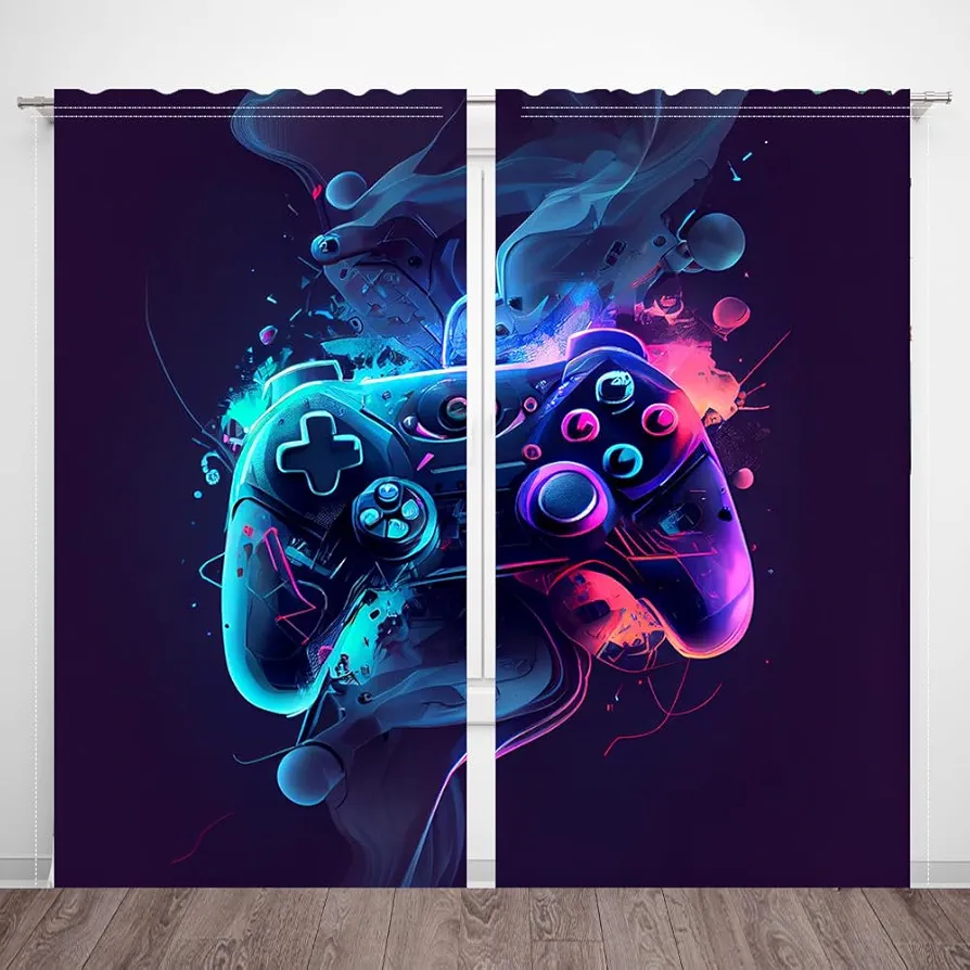 82 x 84 Inches Blue Purple Gradient Graffiti Game Window Curtain Boys Curtains for Bedroom Console Game Pad Cool Splash Game Room Decor Drapes 2 Panel Set Polyester