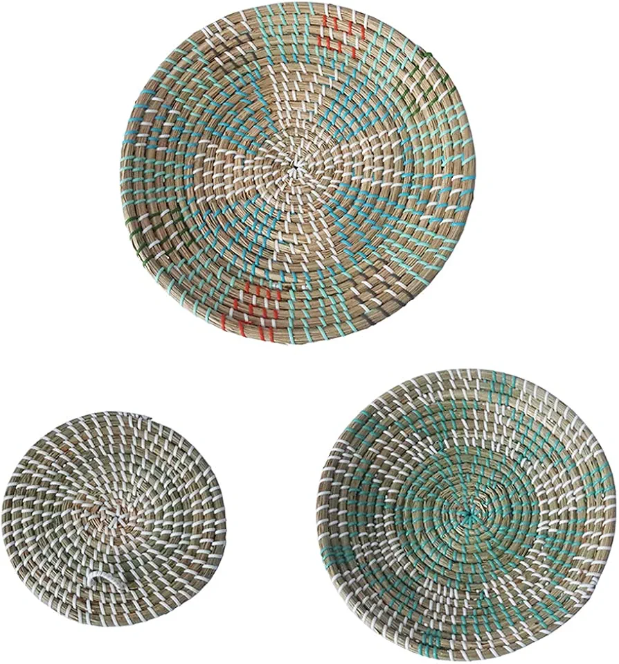 3pcs Boho Woven Wall Basket Decor Handmade Seagrass Round Hanging Decorative Fruit Dessert Trays for Living Room Bedroom