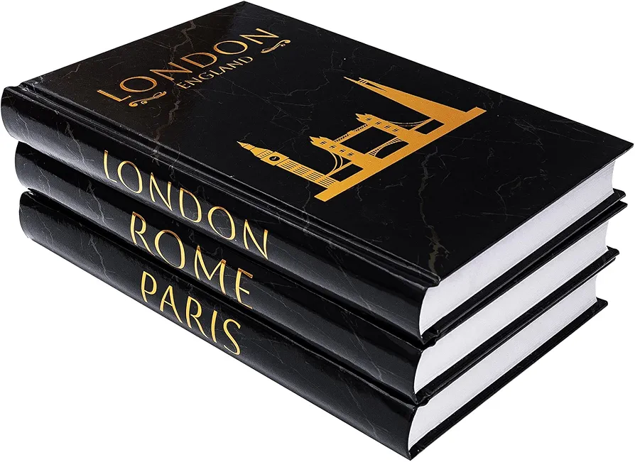 Travel-Themed Hardcover Fake Books for Decoration - Home Decor Faux Book Stack with Gold Foil Stamping - Minimalist Decorative Books for Coffee Table, Bookshelf, Living Room, Entryway - Set of 3