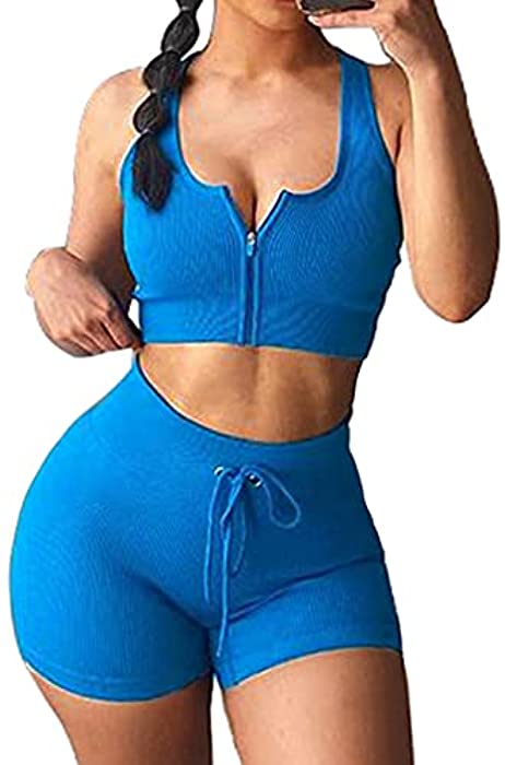 Meyeeka Women's 2 Piece Ribbed Seamless Workout Sets Short Sleeve Crop Top Drawstring Yoga Outfits Sets