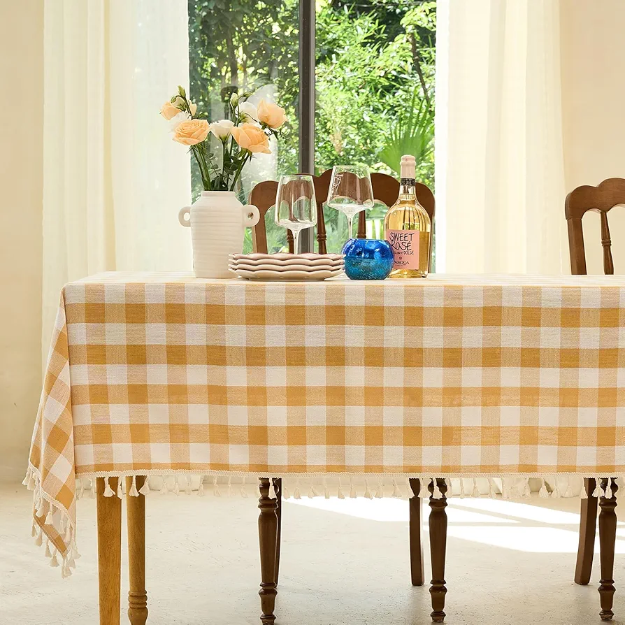 Table Cloth Rectangle Table-Rustic Gingham Tablecloth Buffalo Plaid Table Cloth for Spring Summer Kitchen Dining Room (55x84 Inch,Yellow and White)