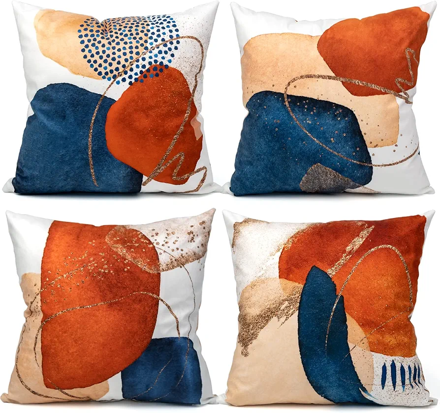 COLORPAPA Boho Throw Pillow Covers 18x18 Set of 4 Mid Century Modern Decorative Throw Pillows Navy Blue Burnt Orange Cushion Pillowcases for Couch Sofa Bedroom Abstract Geometric Home Decor