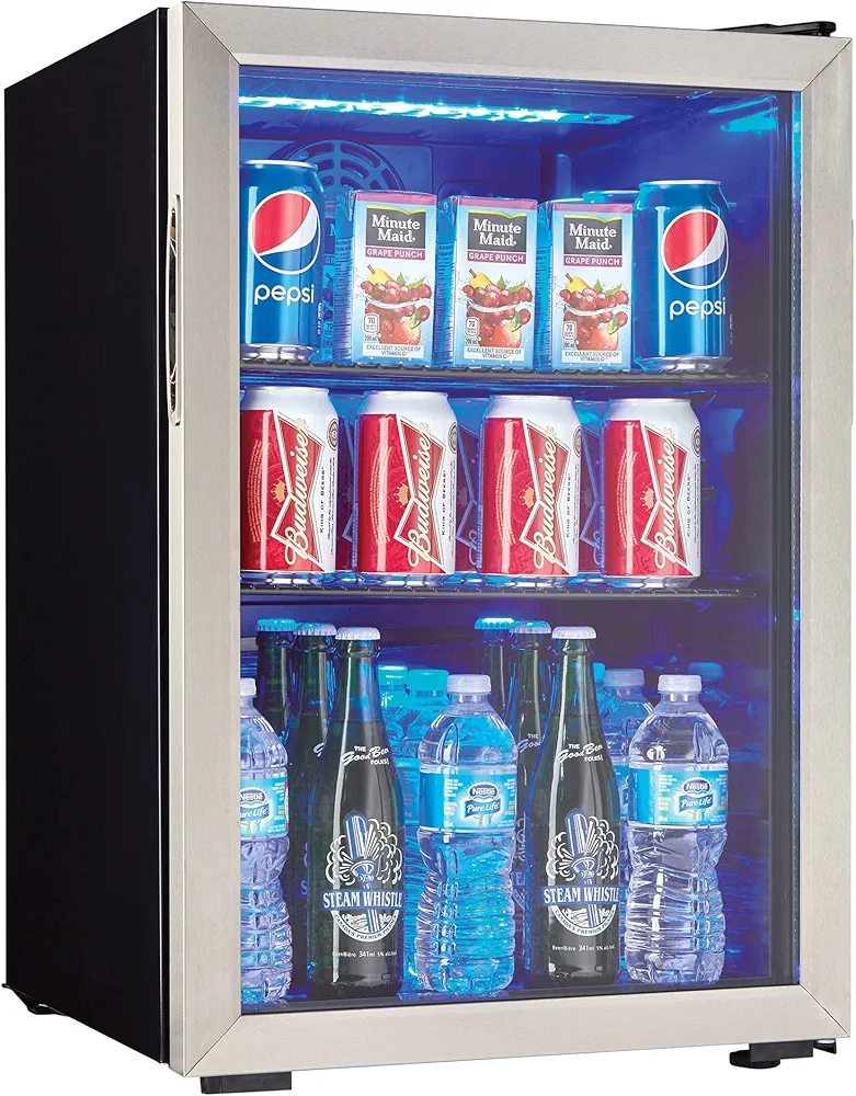 Danby DBC026A1BSSDB 95 Can Beverage Center, 2.6 Cu.Ft Refrigerator for Basement, Dining, Living Room, Drink Cooler Perfect for Beer, Pop, Water, Black/Stainless-Steel