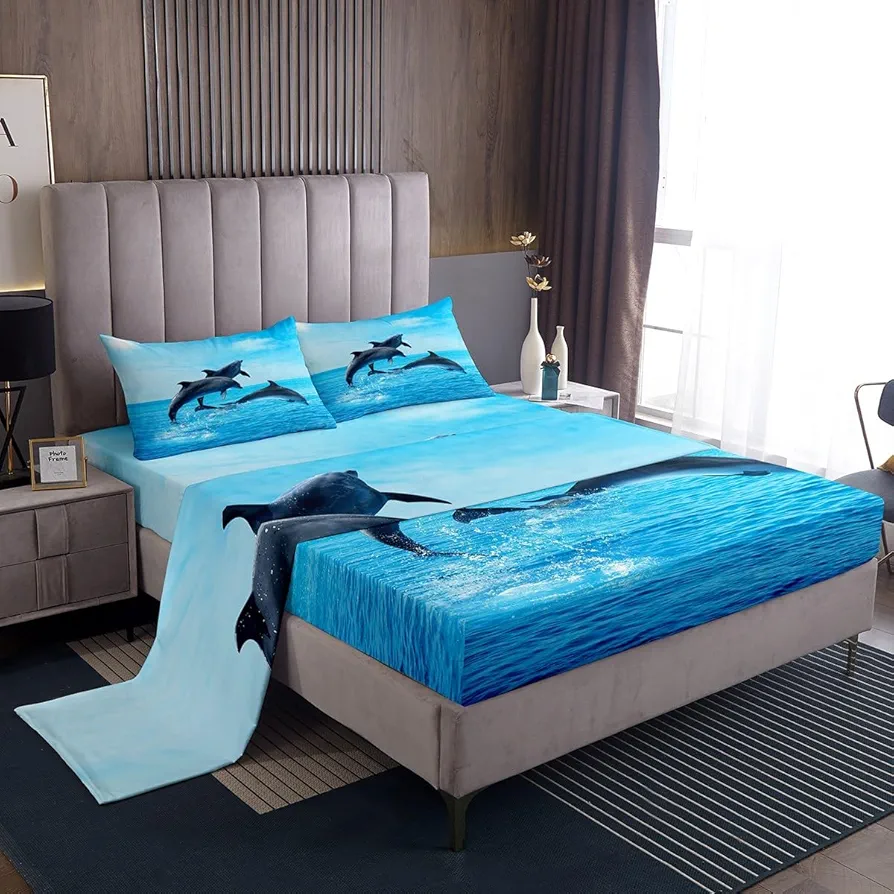 Erosebridal Ocean Dolphin Bed Sheets Set Full, 3D Dolphin Sheet Set, Blue Ocean Sea Wave Bedding, Marine Life Sheets, Soft Cozy Flat Fitted Sheet for Kids Boys Teens Room Decor, 4Pcs