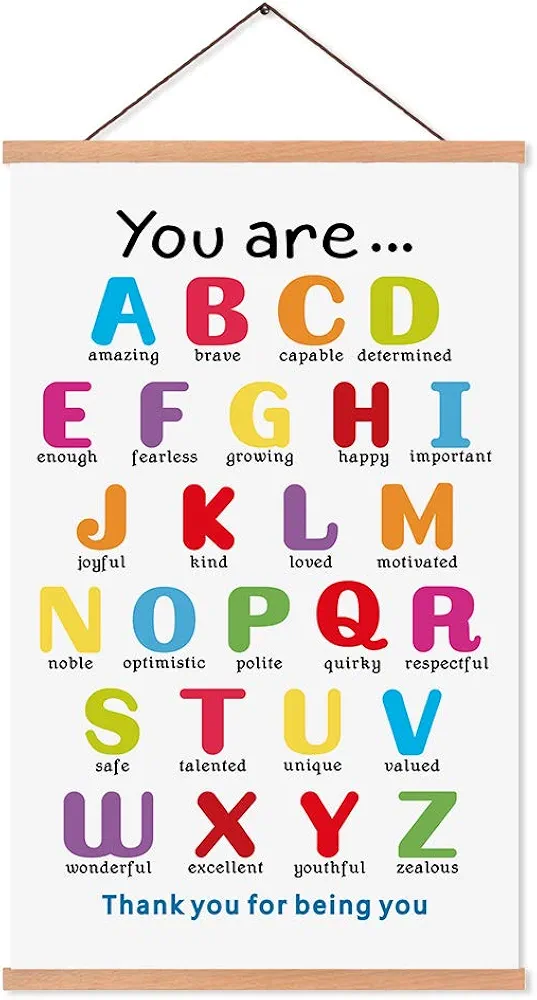 KAIRNE Colorful ABC Alphabet Art Print with Wood Magnetic Poster Hanger Frame, 28X45CM You are Amazing Positive Affirmation Words Canvas Wall Art for Home School Classroom Room Decor