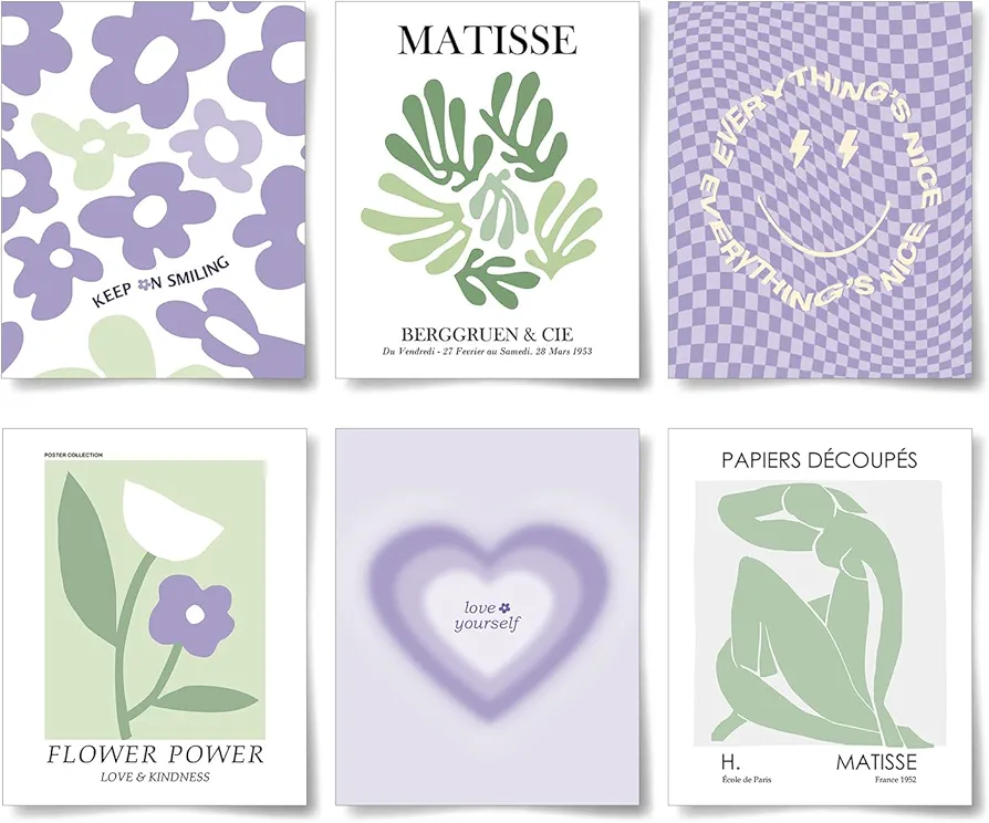 La Naranja Danish Pastel Room Decor Aesthetic Green Purple Wall Art Matisse Prints Abstract Wall Paintings for Girls Bedroom Gifts for Teens, Set of 6 Pictures, 8''x10'', UNFRAMED