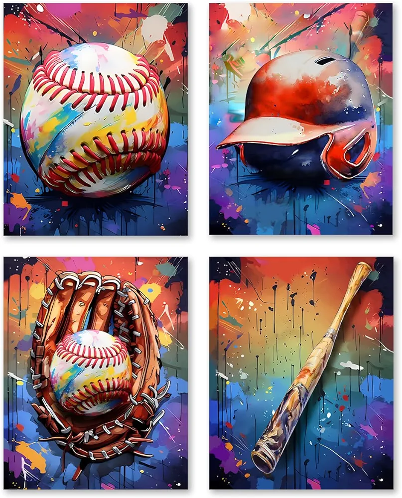 Baseball Wall Art Canvas Prints,Vintage Graffiti Art Posters,Boys Room and Man Cave Retro Sport Fans Bedroom Wall Decor,Set of 4 (8 * 10inch,No Framed).