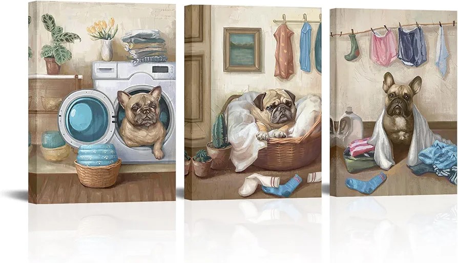 Conipit Laundry Room Canvas Wall Art Funny Dog Painting Prints Vintage Laundry Dog Artwork Decor for Laundromat Dry Cleaning Store Framed (Small, brown)