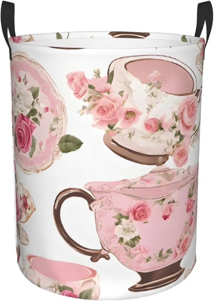 Laundry Baskets with Handles Waterproof Small inches Storage Basket, Collapsible Laundry Hampers, Laundry Room Organization & Apartment Essentials - Tea Cups with Roses Romantic Shabby