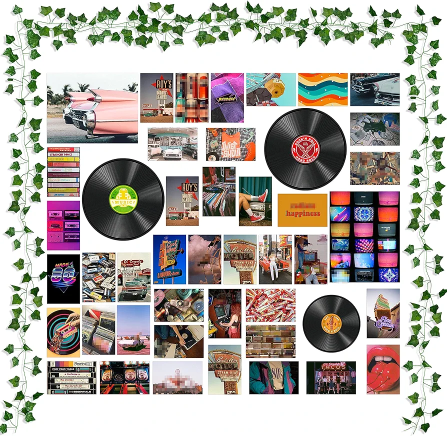 K1tpde 48PCS Wall Art Collage Prints Picture Aesthetic with Fake Vines, Retro Records Picture, Room Decor for Girls, Bedroom, Teens, Colorful Collage Kit