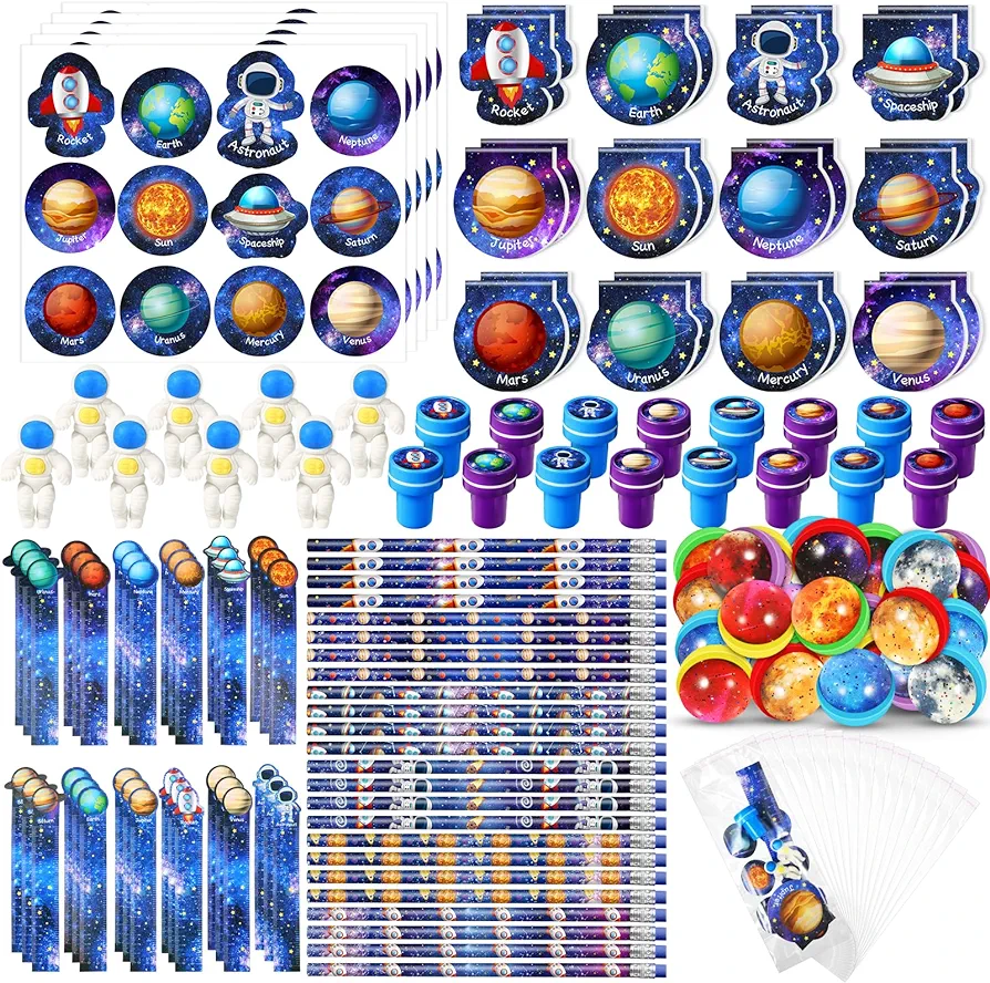 192 Pcs Space Party Favors Space Theme Party Supplies Astronaut Stationery Set Notebook Bouncy Ball Sticker Stamper Eraser Ruler Pencil Bag for Galaxy Birthday Party Gift Classroom Prize