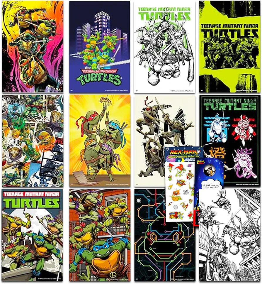 Nickelodeon Teenage Mutant Ninja Turtles Mini Poster Set - TMNT Room Decor Bundle with 12 Mini TMNT Wall Art Posters Plus Stickers and Door Hanger | 6" x 4" TMNT Posters for Walls