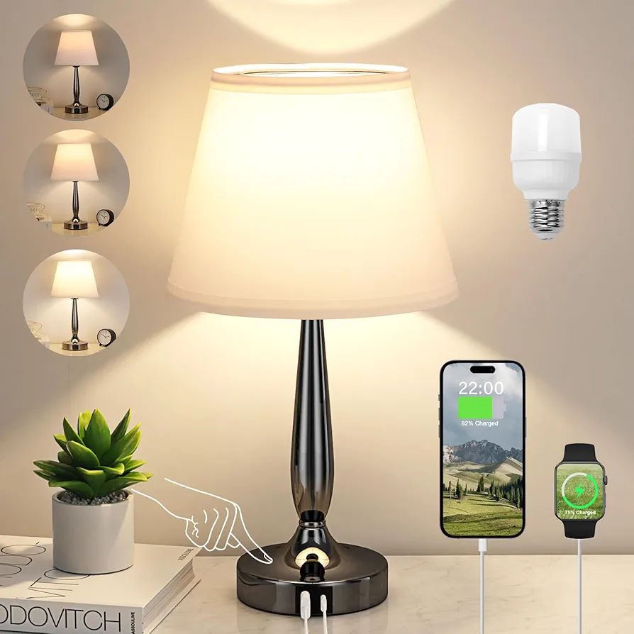 Kakanuo Touch Bedside Lamp for Bedroom with USB C Port, Small Touch Table Lamp with 2 USB Charging Ports, 3 Way Dimmable Nightstand Lamp for Living Room and Office - White (LED Bulb Included)