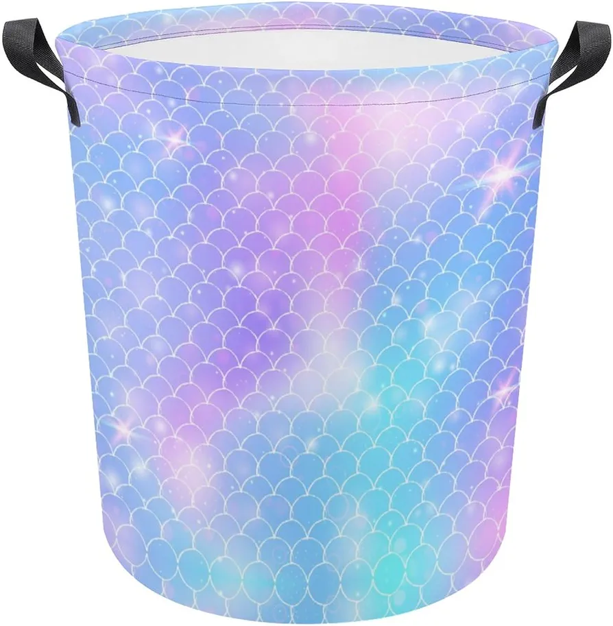 Glitter Mermaid Rainbow Girls Laundry Hamper Mermaid Bathroom Decor Collapsible Laundry Basket Small with Handles Round Toy Bin for Mermaid Room Decor for Girls