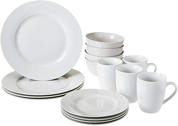 Amazon Basics 16-Piece Porcelain Kitchen Dinnerware Set with Plates, Bowls and Mugs, Service for 4 - White