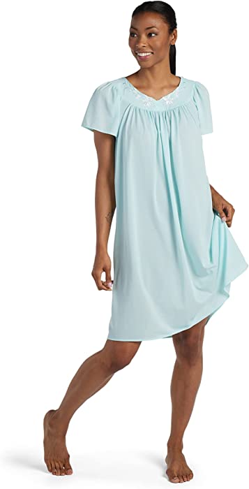 Miss Elaine Nightgown - Women's Short Tricot Night, Flutter Sleeves and Premium Lightweight Fabric, Embroidered Neckline