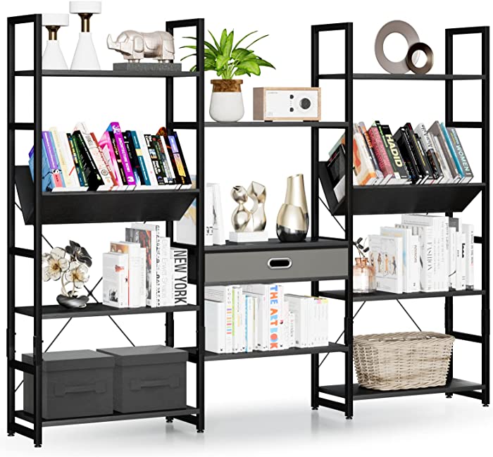 NUMENN Triple Wide 4 Tier Bookcase, Adjustable Rustic Industrial Style Book Shelves , Modern Tall Bookcase Furniture for Bedroom, Living Room and Home Office, Elegant Black