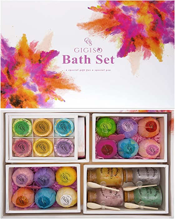 Bath Gift Set, Spa Essentials Gifts Box Includes Natural & Organic Bath Bombs, Shower Steamers, Bath Salts, Hair Towel & Dried Rose Petals, Relax Bubble Bath for Her, Women, Mom and Girls Birthday’s