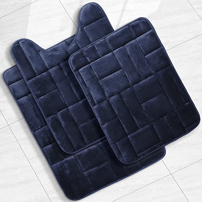 Clara Clark 3 Piece Bathroom Rug Set, Velvet Memory Foam Bath Mat Set, Non-Slip Bath Rugs, Machine Wash, Dries Quickly, Ultra Soft Plush Bath Mats for Bathroom, Tiled - Navy Bathroom Rugs