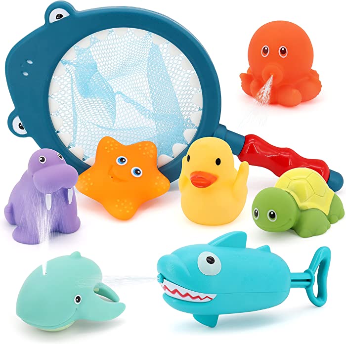 KIMSTONE Baby Bath Toys Bathtub Toys with Fishing Net Color Changing Floating Squirting Toys Fishing Game Pool Toys for Toddlers 1-3